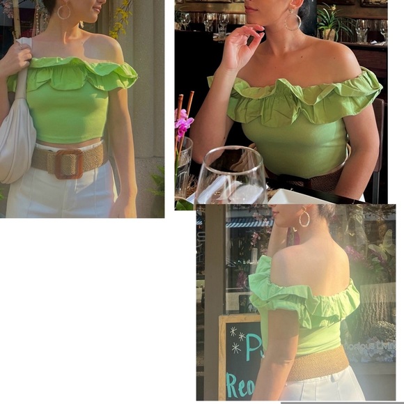 Zara green ribbed ruffle frill neckline off the shoulder fitted crop top M NWOT - Picture 3 of 12